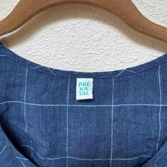 European Linen blue checkered dress with tie waist - Picture 7 of 8